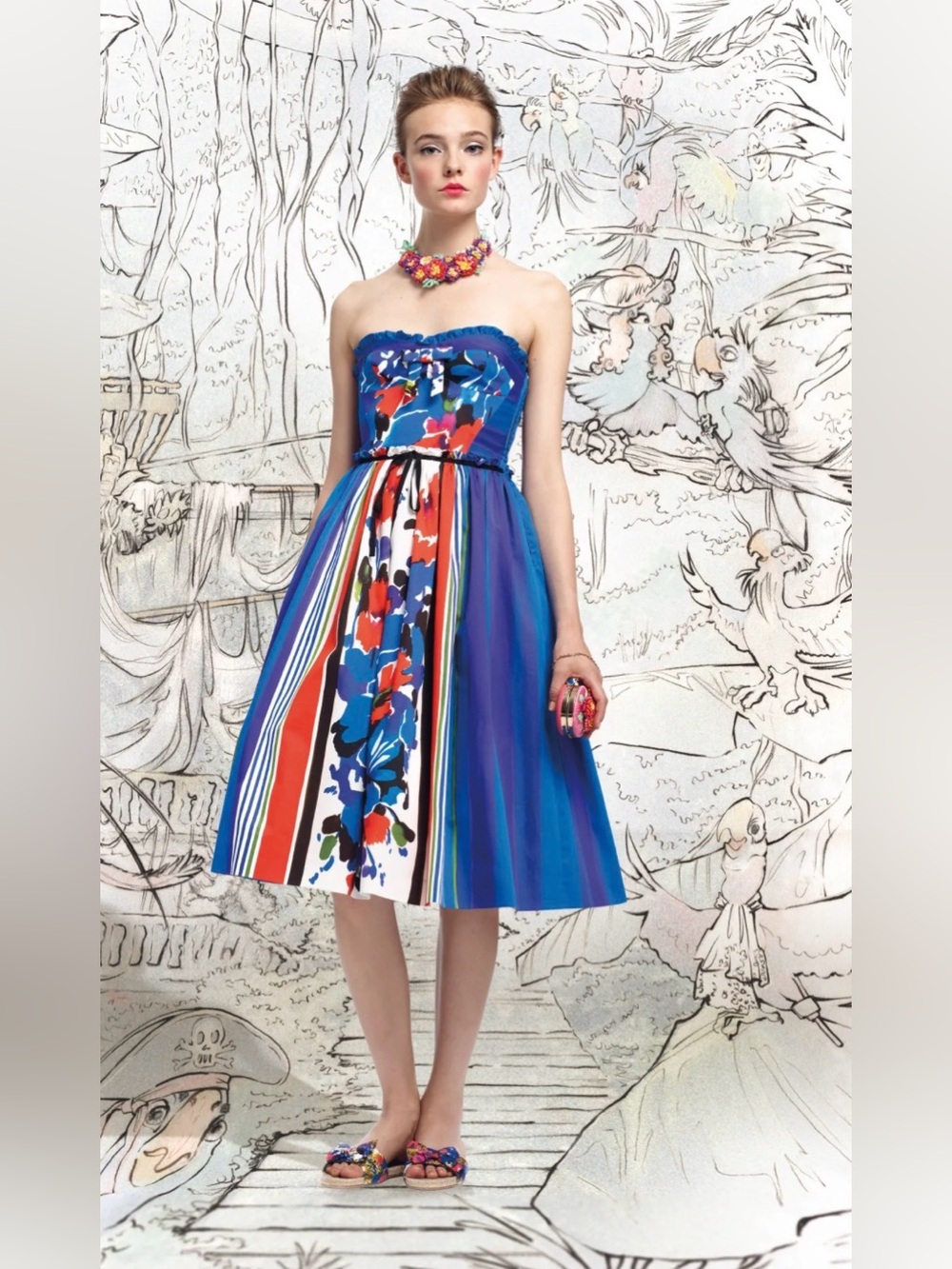RED Valentino Blue Multi-Color Strapless Floral Stripe Fit & Flare Dress w/ Slip
